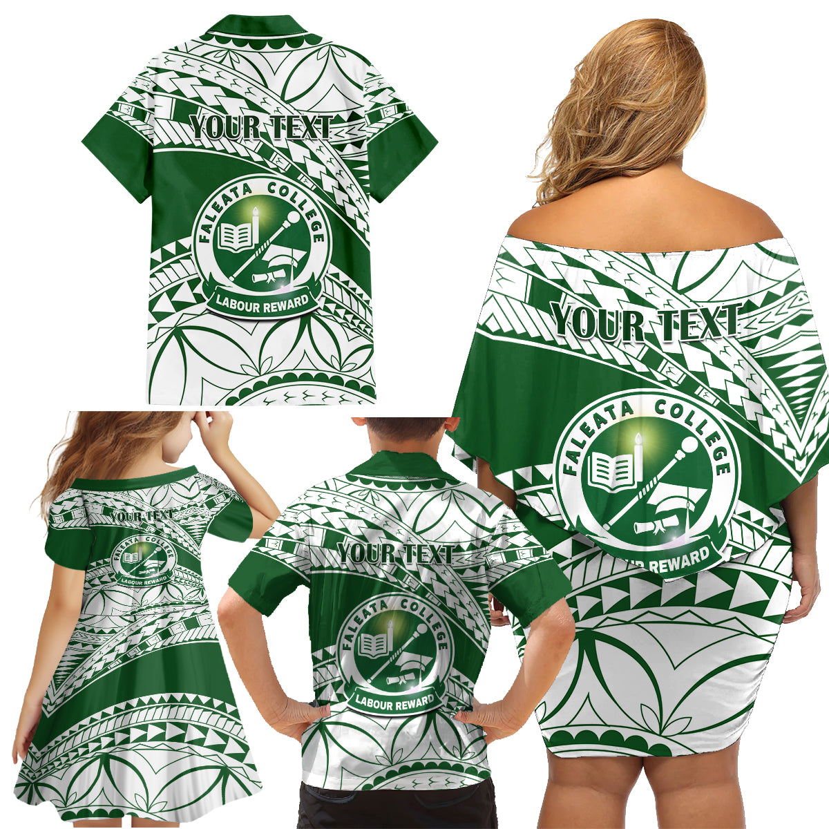 Personalised Samoa Faleata College Family Matching Off Shoulder Short Dress and Hawaiian Shirt Samoan Pattern - Wonder Print Shop