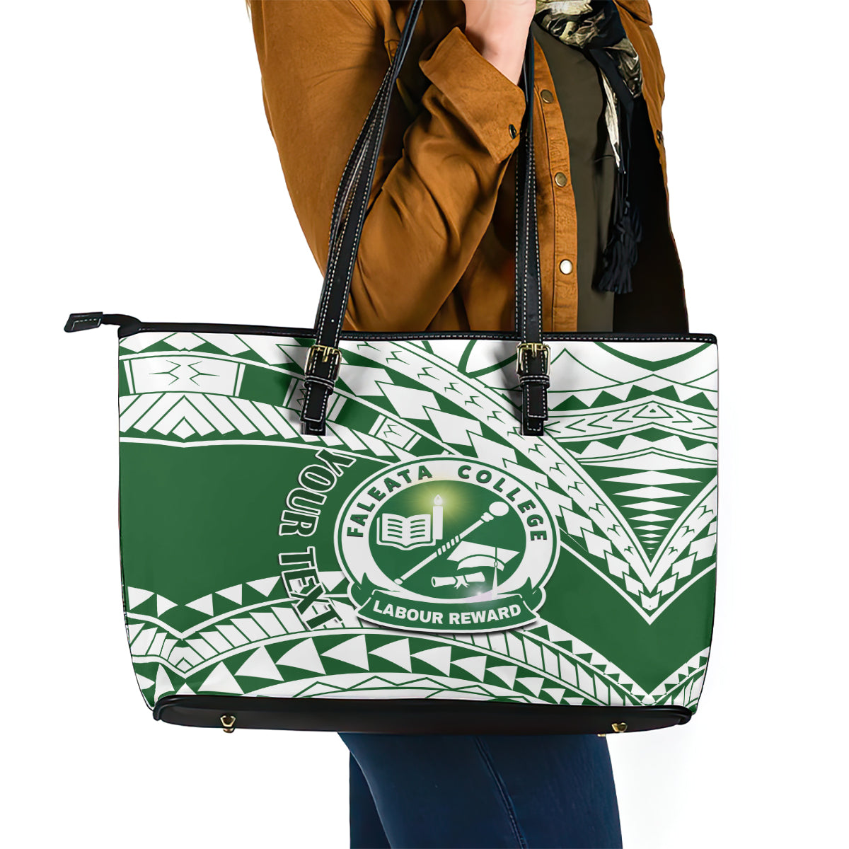 Personalised Samoa Faleata College Leather Tote Bag Samoan Pattern - Wonder Print Shop