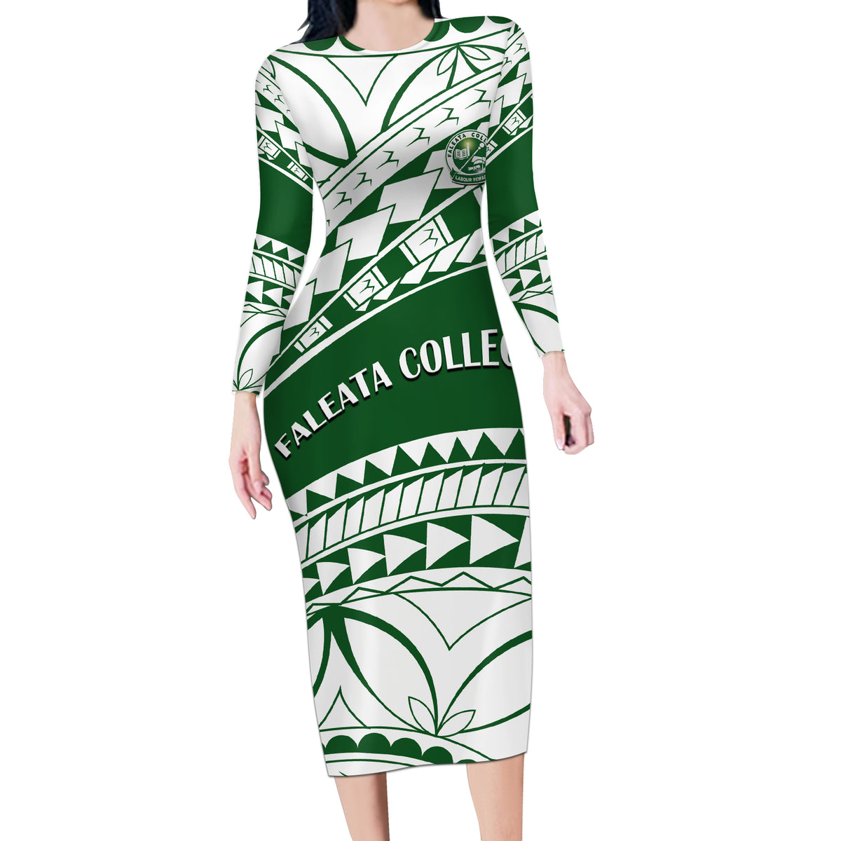 Personalised Samoa Faleata College Long Sleeve Bodycon Dress Samoan Pattern - Wonder Print Shop