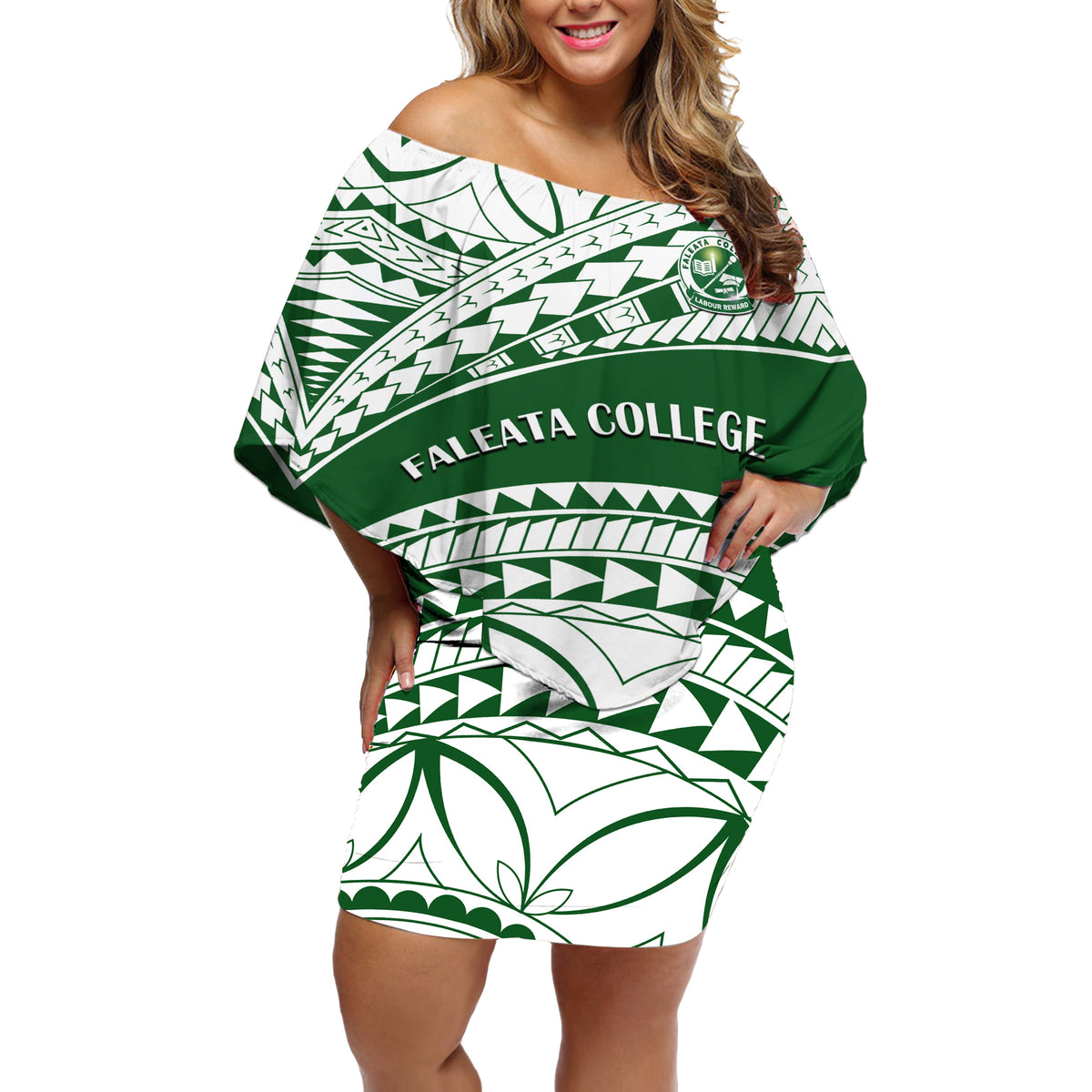 Personalised Samoa Faleata College Off Shoulder Short Dress Samoan Pattern - Wonder Print Shop