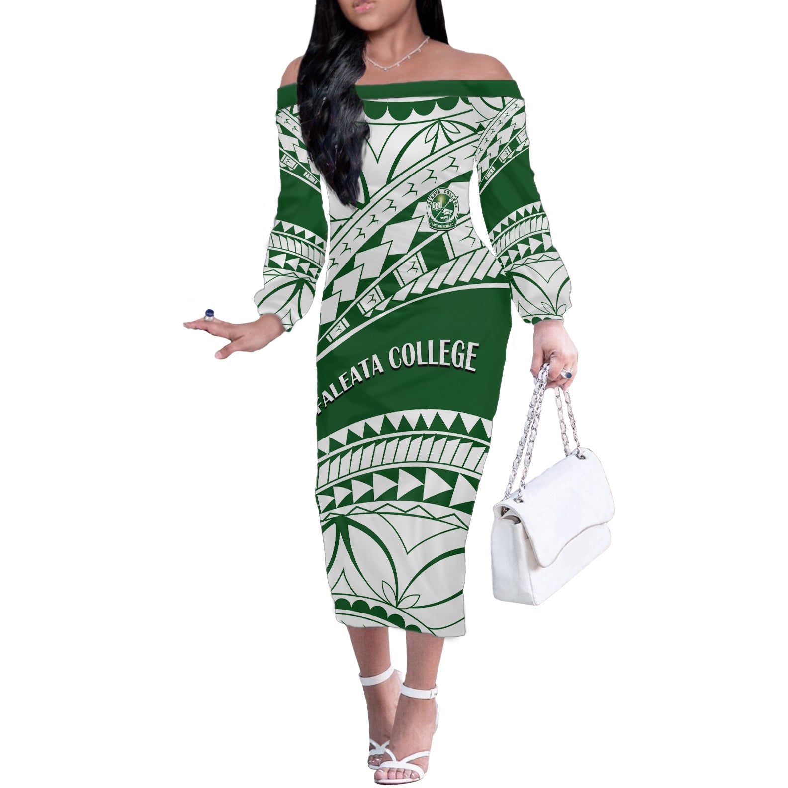 Personalised Samoa Faleata College Off The Shoulder Long Sleeve Dress Samoan Pattern - Wonder Print Shop