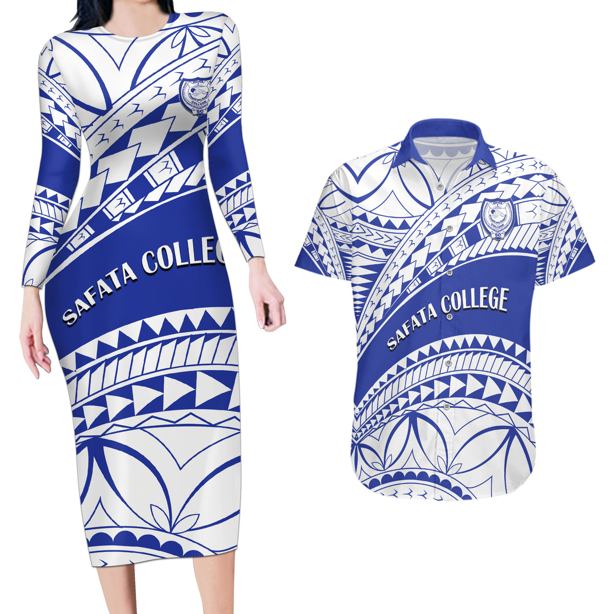 Personalised Samoa Safata College Couples Matching Long Sleeve Bodycon Dress and Hawaiian Shirt Samoan Pattern - Wonder Print Shop