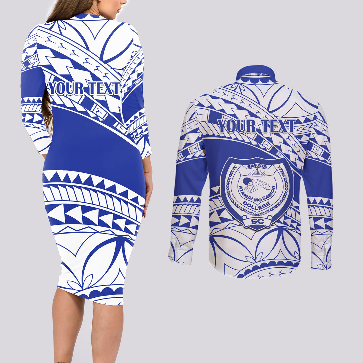 Personalised Samoa Safata College Couples Matching Long Sleeve Bodycon Dress and Long Sleeve Button Shirt Samoan Pattern - Wonder Print Shop
