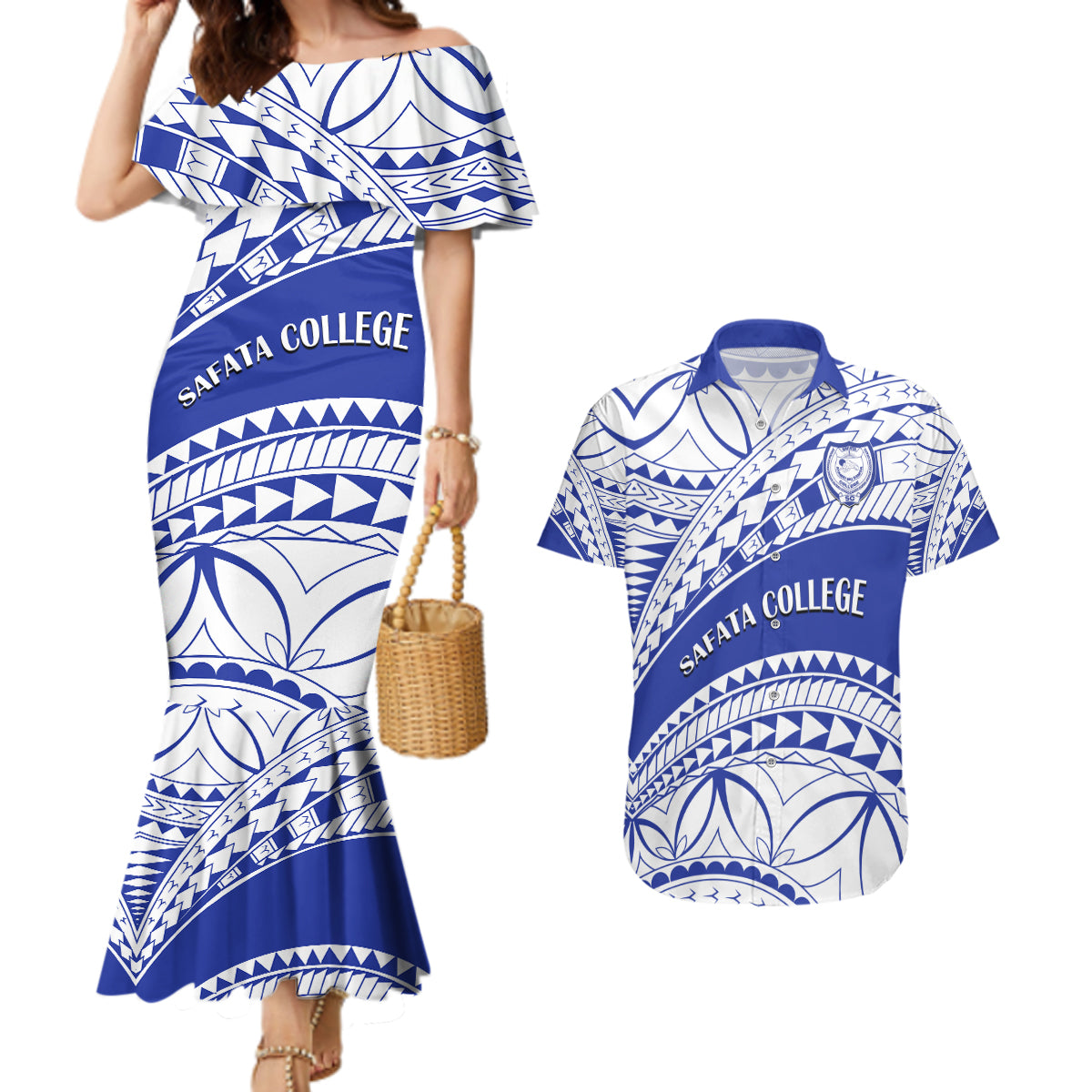 Personalised Samoa Safata College Couples Matching Mermaid Dress and Hawaiian Shirt Samoan Pattern - Wonder Print Shop