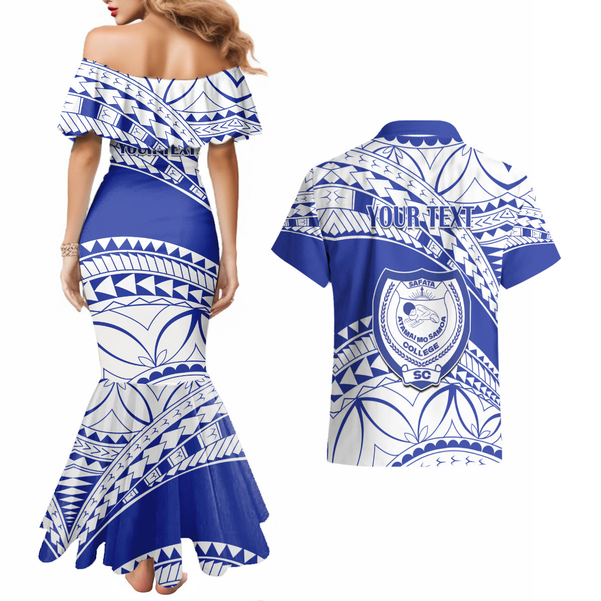 Personalised Samoa Safata College Couples Matching Mermaid Dress and Hawaiian Shirt Samoan Pattern - Wonder Print Shop