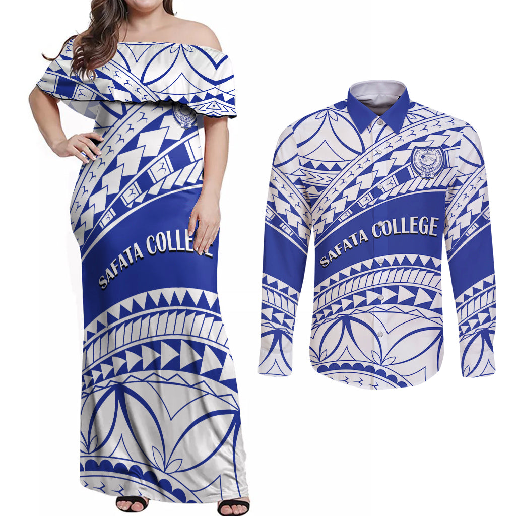 Personalised Samoa Safata College Couples Matching Off Shoulder Maxi Dress and Long Sleeve Button Shirt Samoan Pattern - Wonder Print Shop
