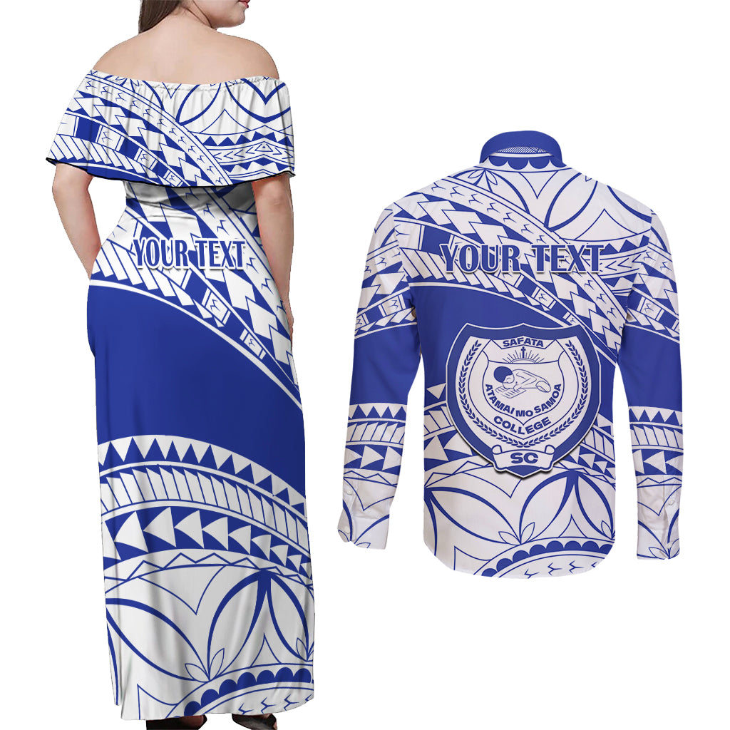 Personalised Samoa Safata College Couples Matching Off Shoulder Maxi Dress and Long Sleeve Button Shirt Samoan Pattern - Wonder Print Shop