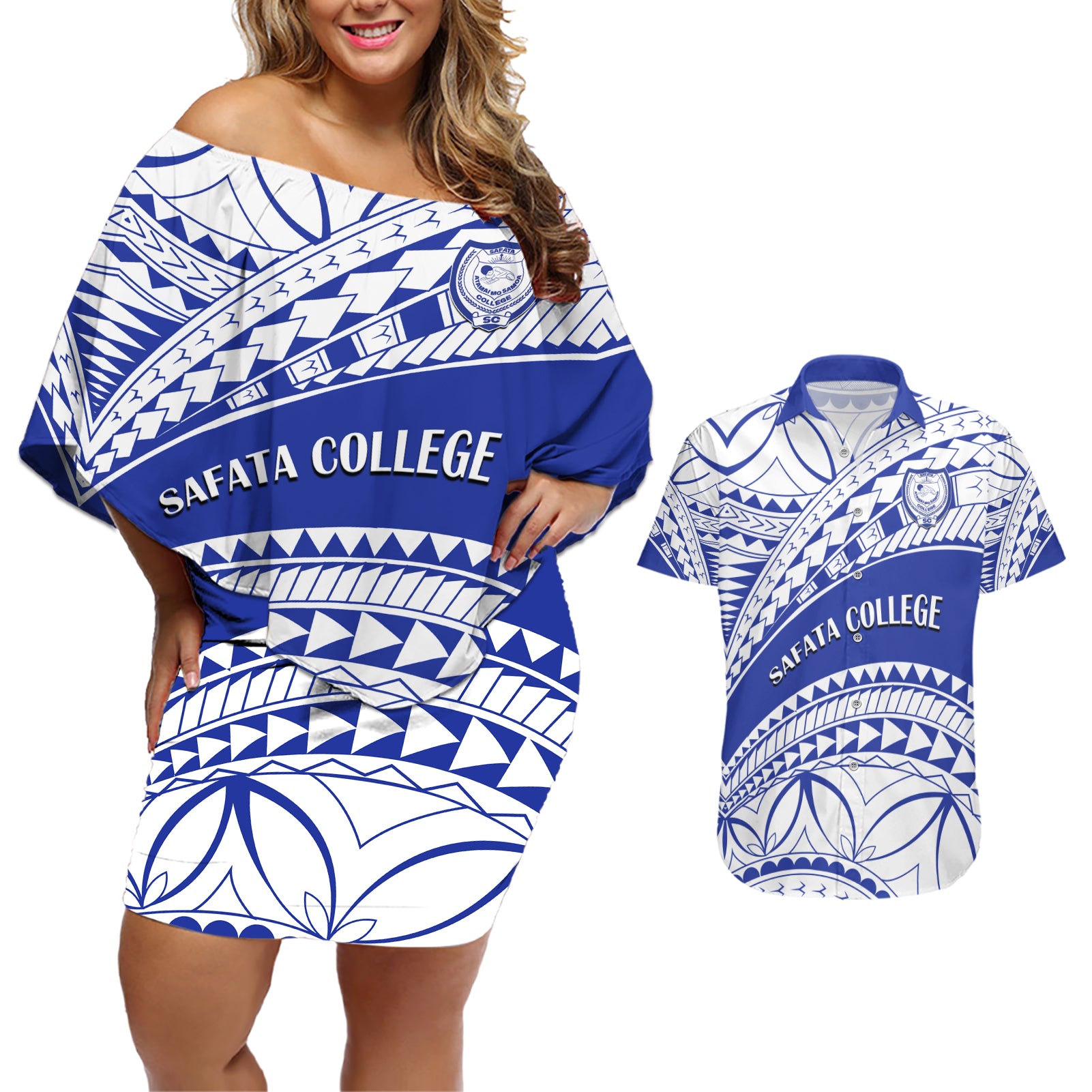 Personalised Samoa Safata College Couples Matching Off Shoulder Short Dress and Hawaiian Shirt Samoan Pattern - Wonder Print Shop