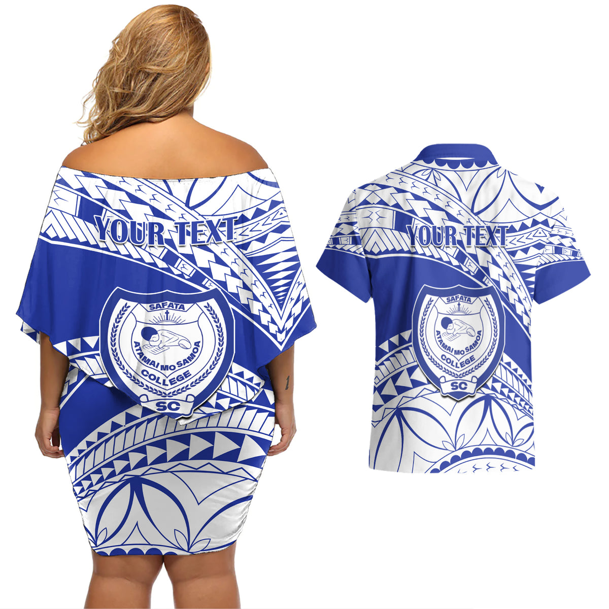 Personalised Samoa Safata College Couples Matching Off Shoulder Short Dress and Hawaiian Shirt Samoan Pattern - Wonder Print Shop
