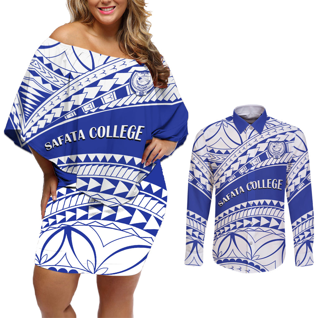 Personalised Samoa Safata College Couples Matching Off Shoulder Short Dress and Long Sleeve Button Shirt Samoan Pattern - Wonder Print Shop