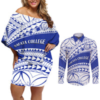 Personalised Samoa Safata College Couples Matching Off Shoulder Short Dress and Long Sleeve Button Shirt Samoan Pattern - Wonder Print Shop