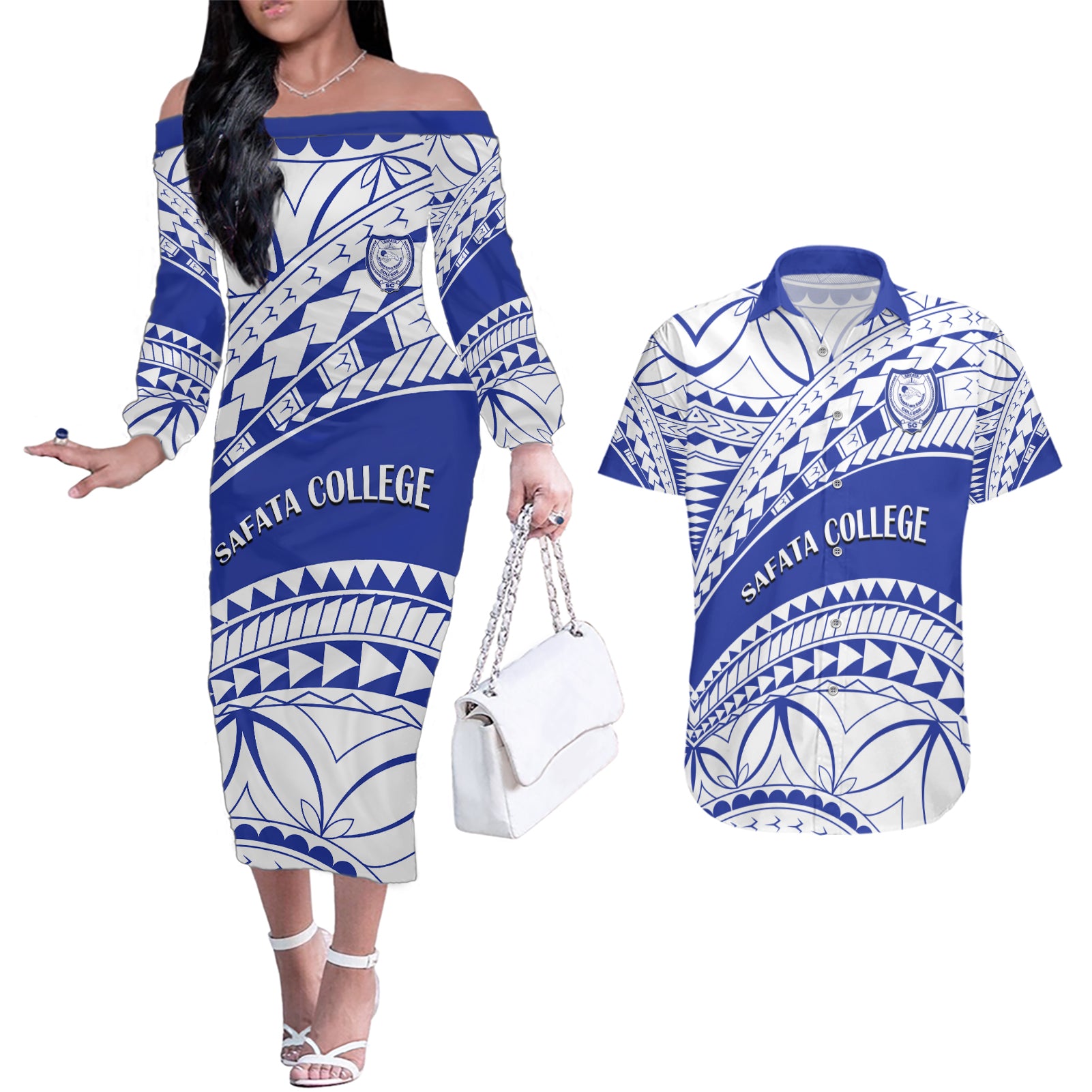 Personalised Samoa Safata College Couples Matching Off The Shoulder Long Sleeve Dress and Hawaiian Shirt Samoan Pattern - Wonder Print Shop