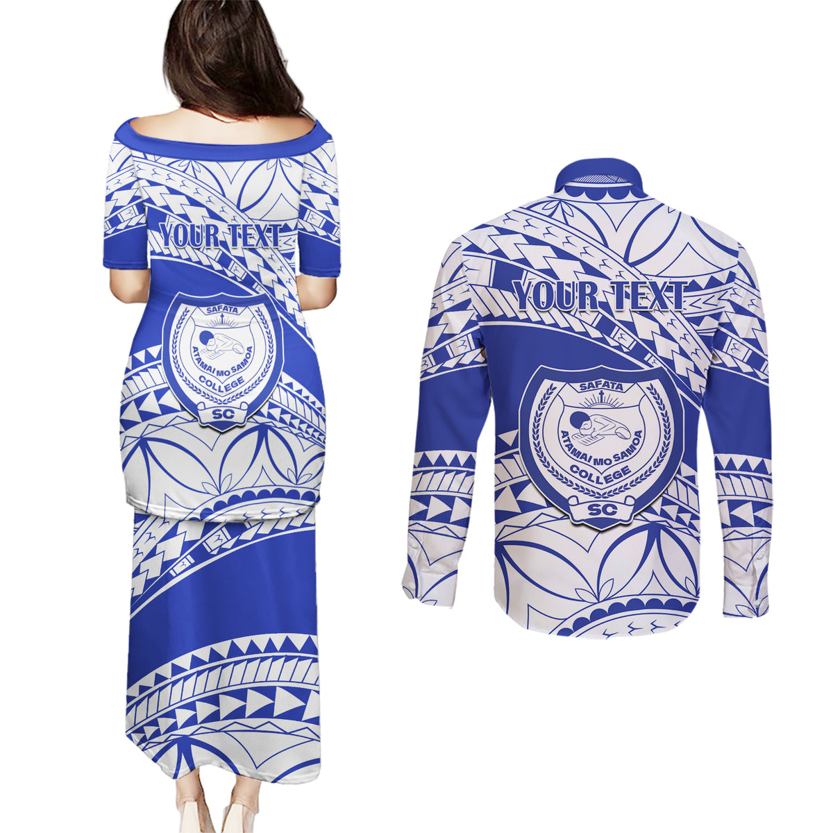 Personalised Samoa Safata College Couples Matching Puletasi Dress and Long Sleeve Button Shirt Samoan Pattern - Wonder Print Shop