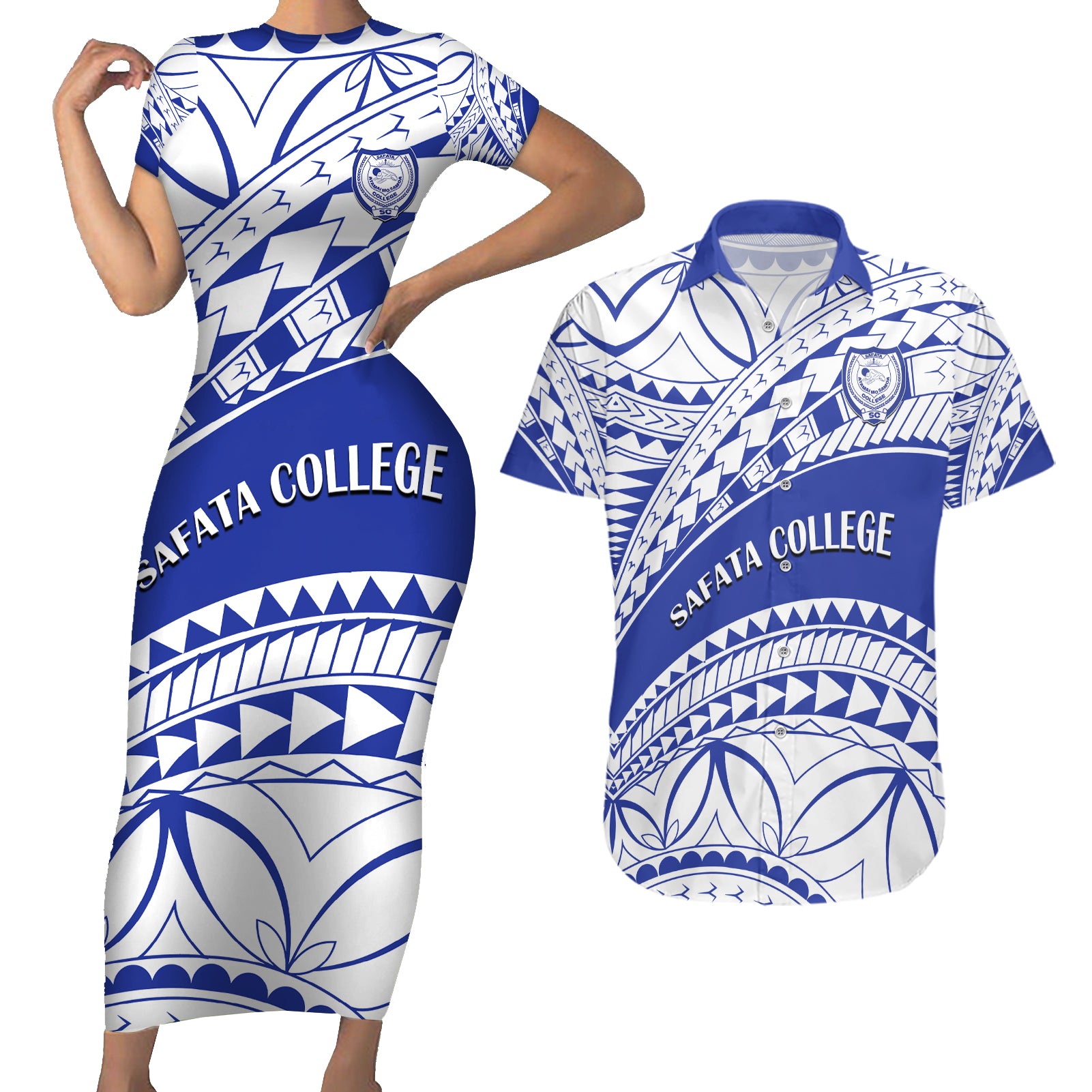 Personalised Samoa Safata College Couples Matching Short Sleeve Bodycon Dress and Hawaiian Shirt Samoan Pattern - Wonder Print Shop