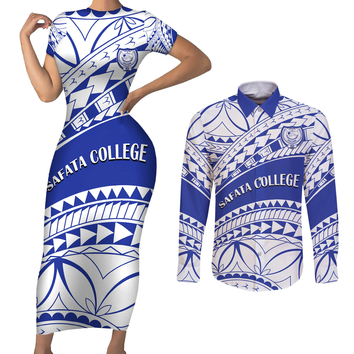 Personalised Samoa Safata College Couples Matching Short Sleeve Bodycon Dress and Long Sleeve Button Shirt Samoan Pattern - Wonder Print Shop