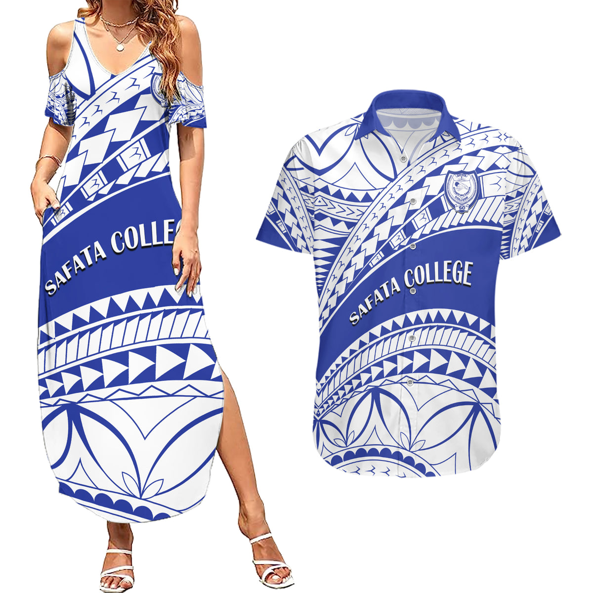 Personalised Samoa Safata College Couples Matching Summer Maxi Dress and Hawaiian Shirt Samoan Pattern - Wonder Print Shop