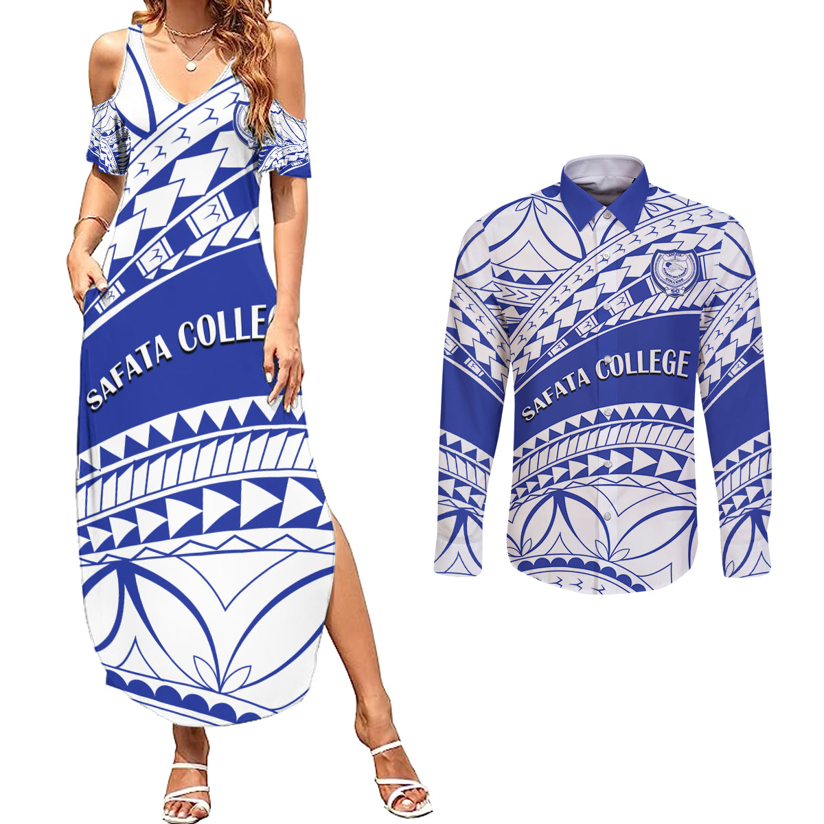 Personalised Samoa Safata College Couples Matching Summer Maxi Dress and Long Sleeve Button Shirt Samoan Pattern - Wonder Print Shop