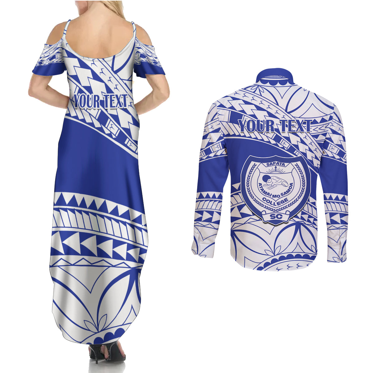 Personalised Samoa Safata College Couples Matching Summer Maxi Dress and Long Sleeve Button Shirt Samoan Pattern - Wonder Print Shop