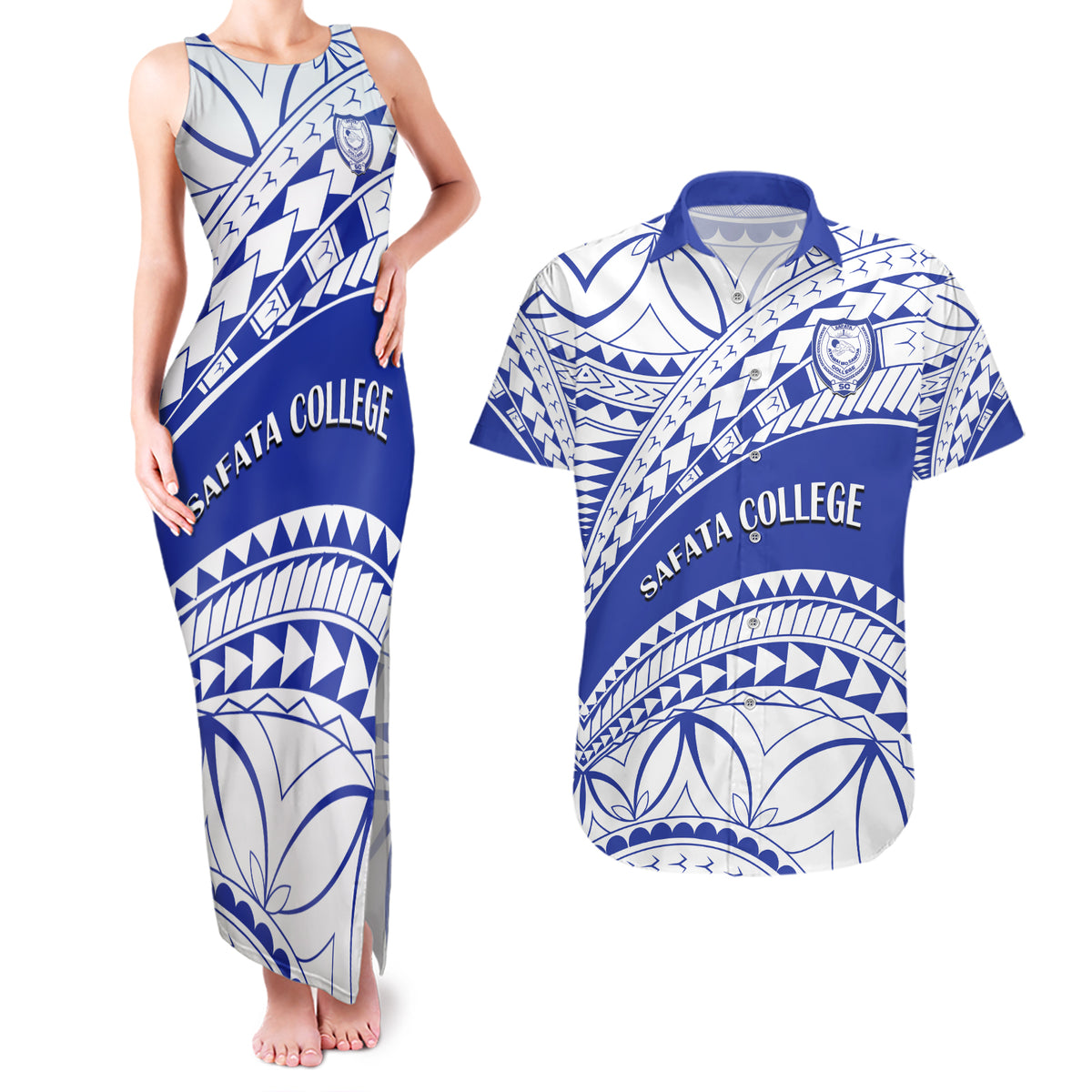 Personalised Samoa Safata College Couples Matching Tank Maxi Dress and Hawaiian Shirt Samoan Pattern - Wonder Print Shop