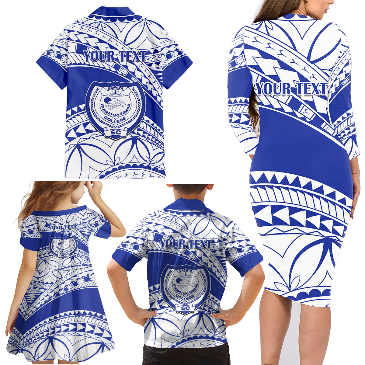 Personalised Samoa Safata College Family Matching Long Sleeve Bodycon Dress and Hawaiian Shirt Samoan Pattern - Wonder Print Shop
