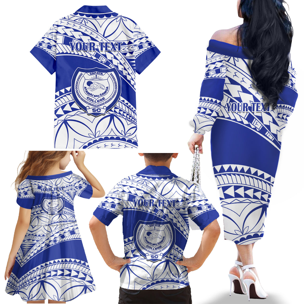 Personalised Samoa Safata College Family Matching Off Shoulder Long Sleeve Dress and Hawaiian Shirt Samoan Pattern - Wonder Print Shop