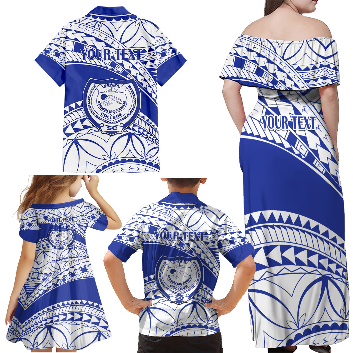 Personalised Samoa Safata College Family Matching Off Shoulder Maxi Dress and Hawaiian Shirt Samoan Pattern - Wonder Print Shop