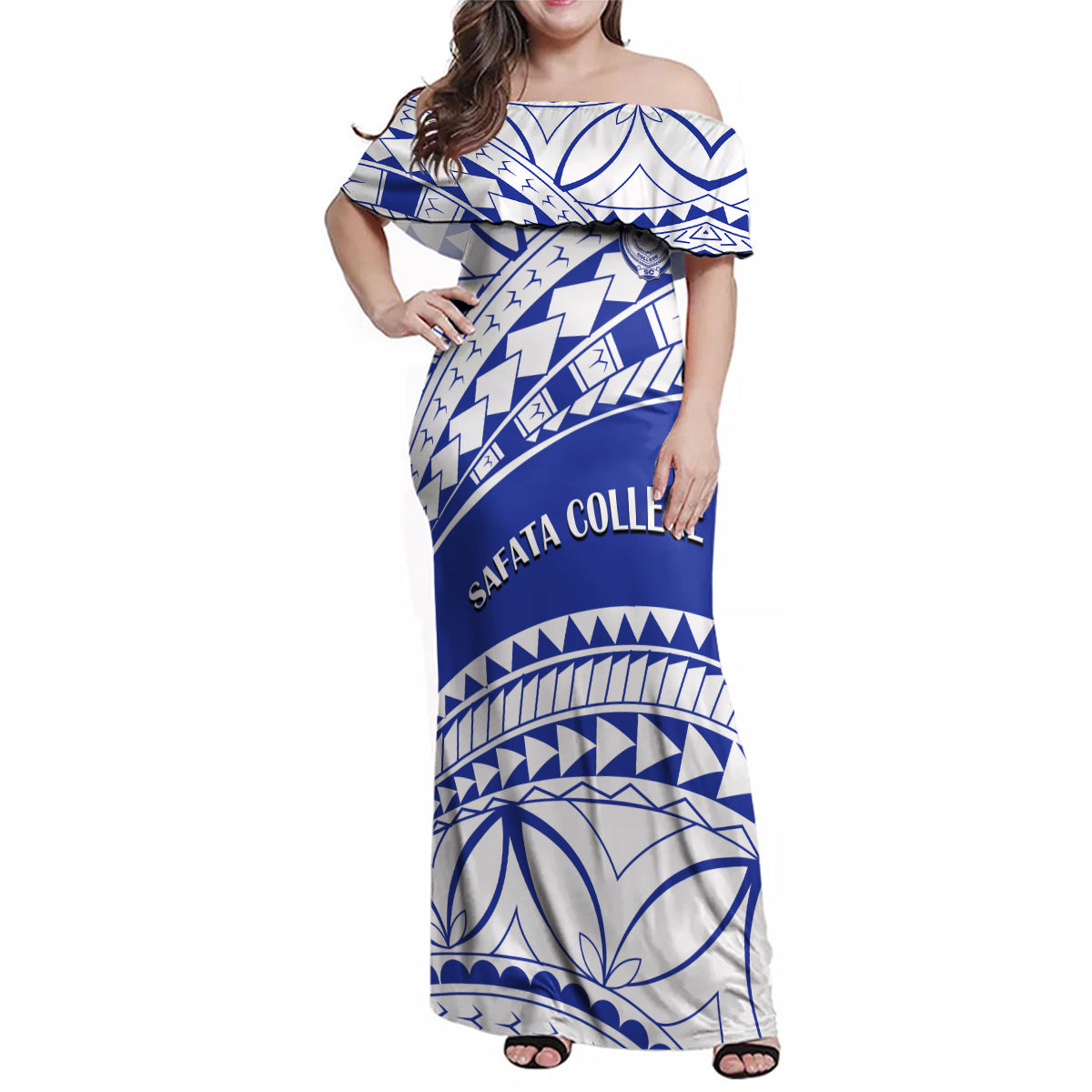 Personalised Samoa Safata College Family Matching Off Shoulder Maxi Dress and Hawaiian Shirt Samoan Pattern - Wonder Print Shop