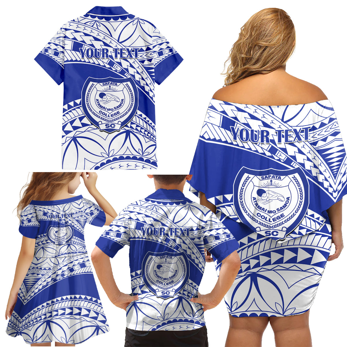 Personalised Samoa Safata College Family Matching Off Shoulder Short Dress and Hawaiian Shirt Samoan Pattern - Wonder Print Shop