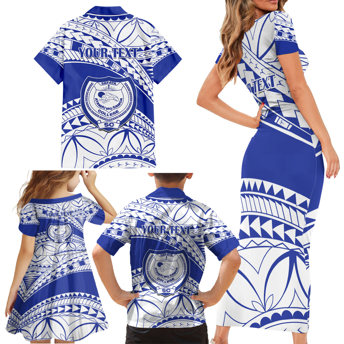 Personalised Samoa Safata College Family Matching Short Sleeve Bodycon Dress and Hawaiian Shirt Samoan Pattern - Wonder Print Shop