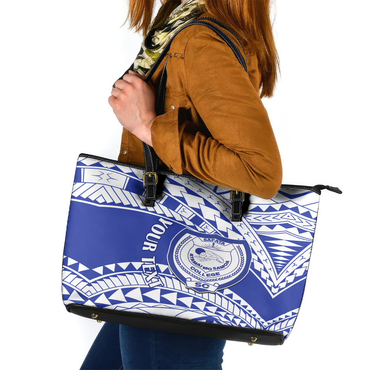Personalised Samoa Safata College Leather Tote Bag Samoan Pattern - Wonder Print Shop