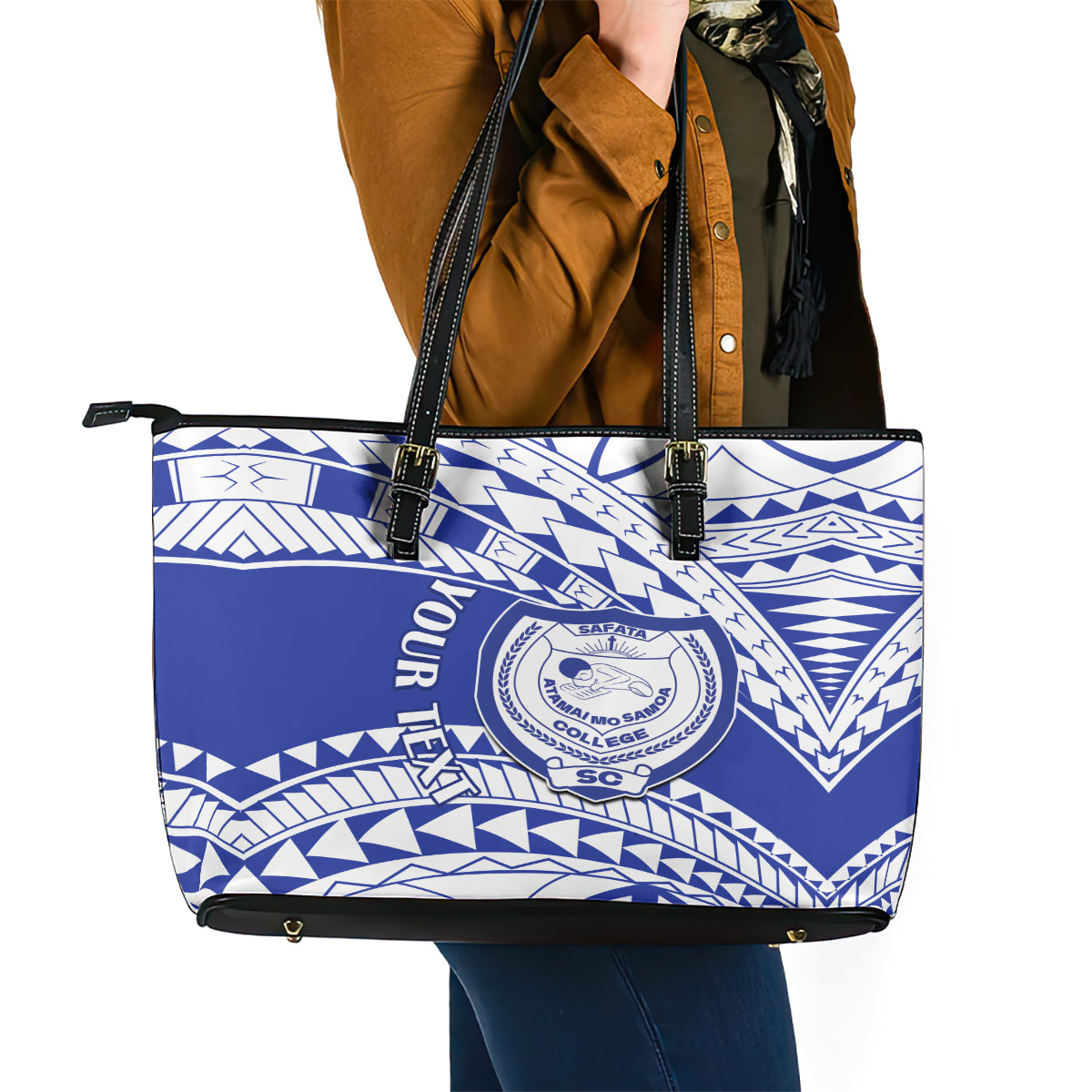 Personalised Samoa Safata College Leather Tote Bag Samoan Pattern - Wonder Print Shop