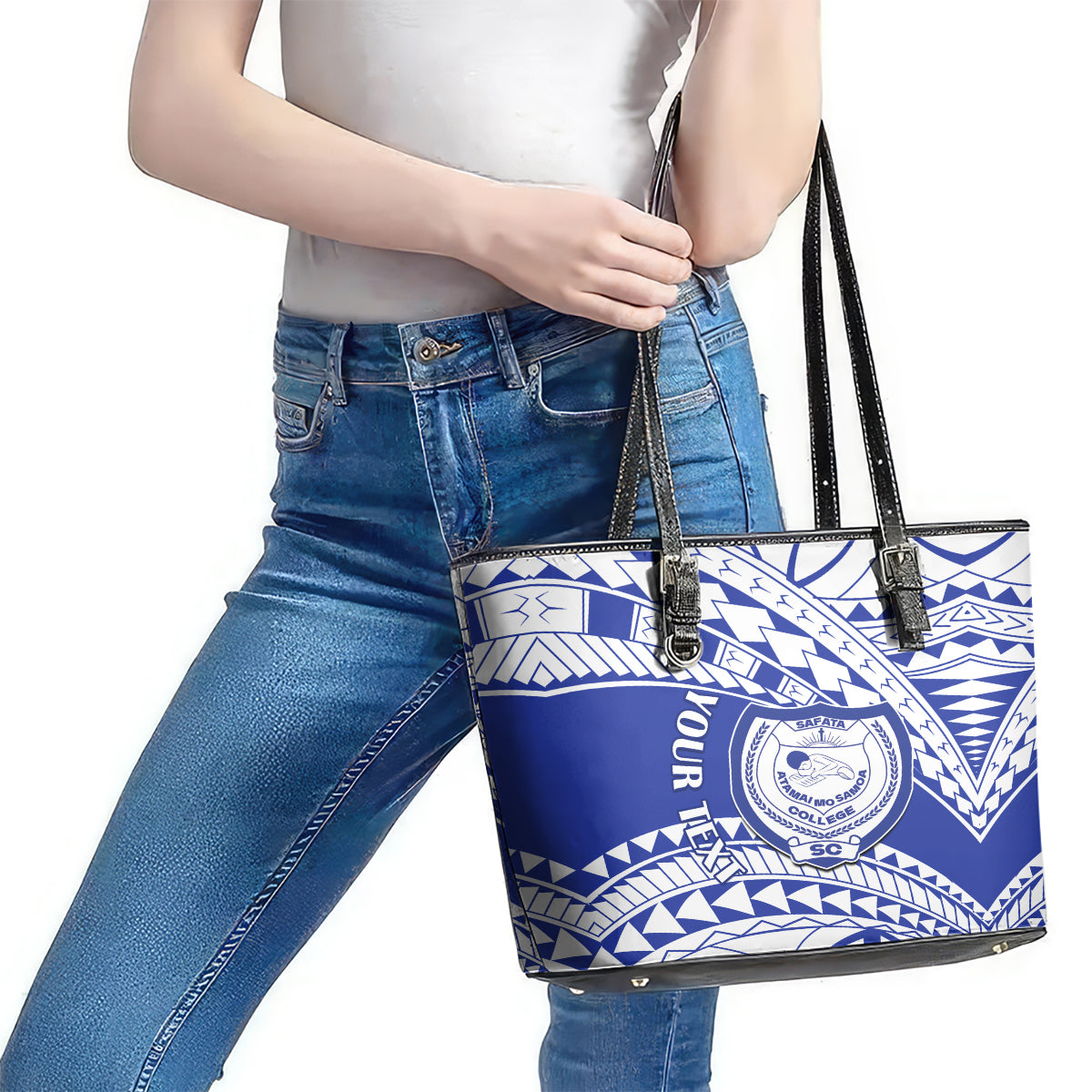 Personalised Samoa Safata College Leather Tote Bag Samoan Pattern - Wonder Print Shop