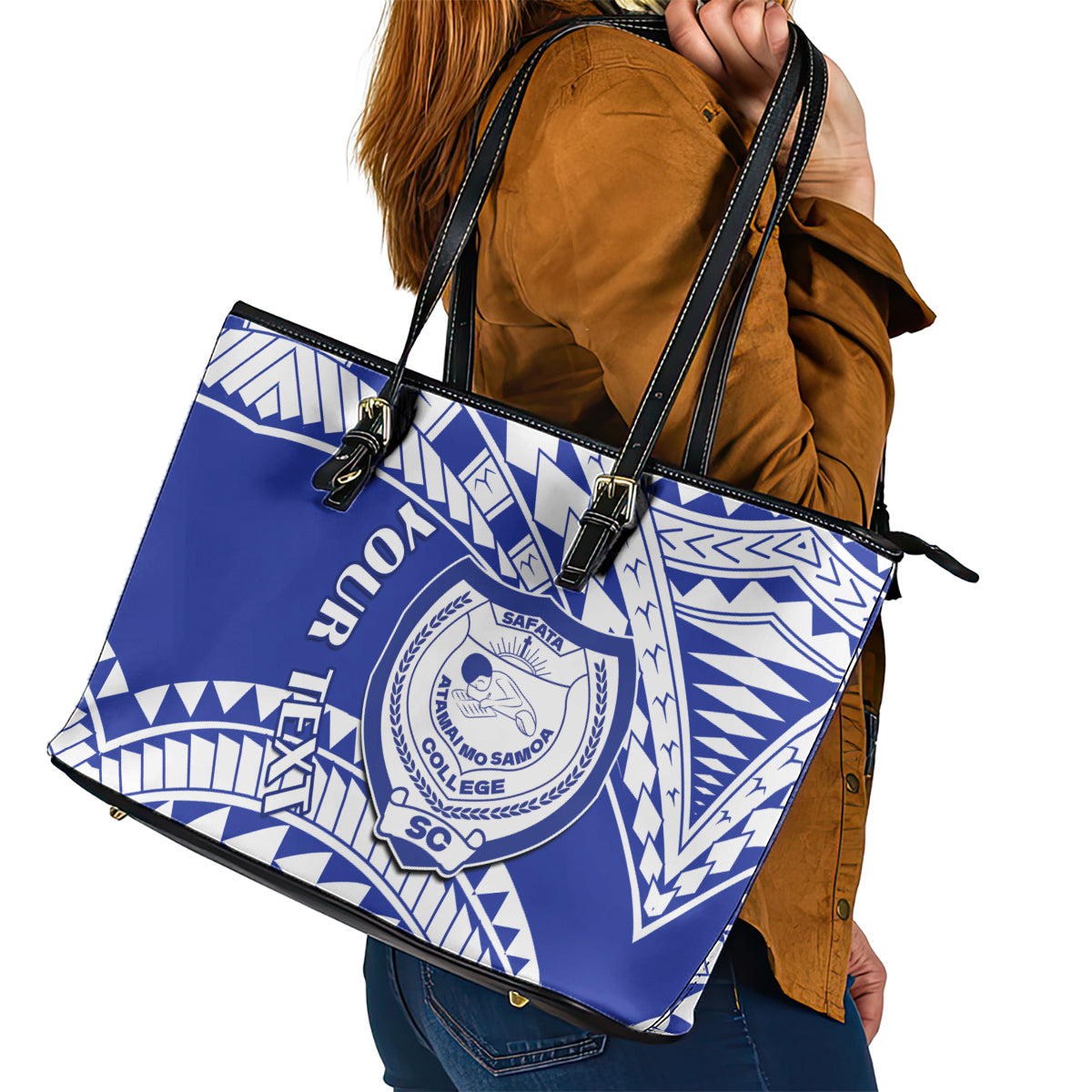 Personalised Samoa Safata College Leather Tote Bag Samoan Pattern - Wonder Print Shop