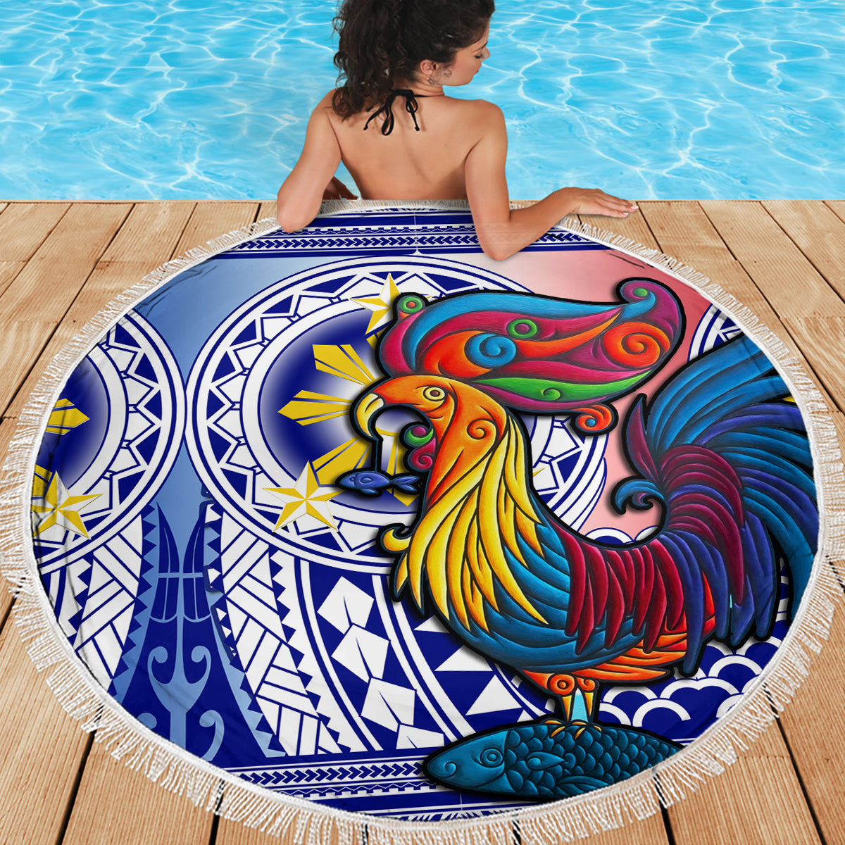 Personalised Philippines Beach Blanket Filipino Sarimanok With Polynesian Tattoo - Wonder Print Shop