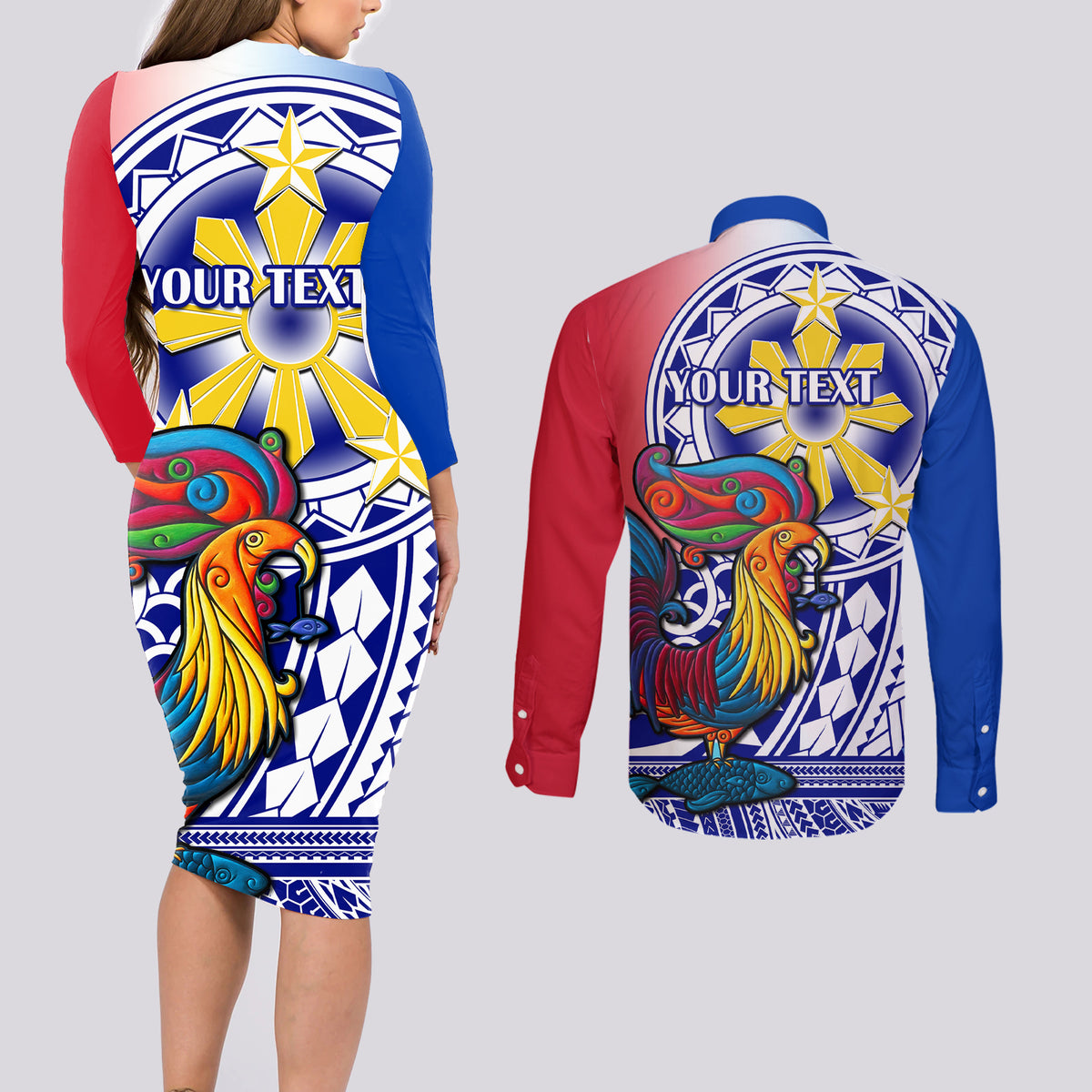 Personalised Philippines Couples Matching Long Sleeve Bodycon Dress and Long Sleeve Button Shirt Filipino Sarimanok With Polynesian Tattoo - Wonder Print Shop