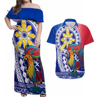 Personalised Philippines Couples Matching Off Shoulder Maxi Dress and Hawaiian Shirt Filipino Sarimanok With Polynesian Tattoo - Wonder Print Shop