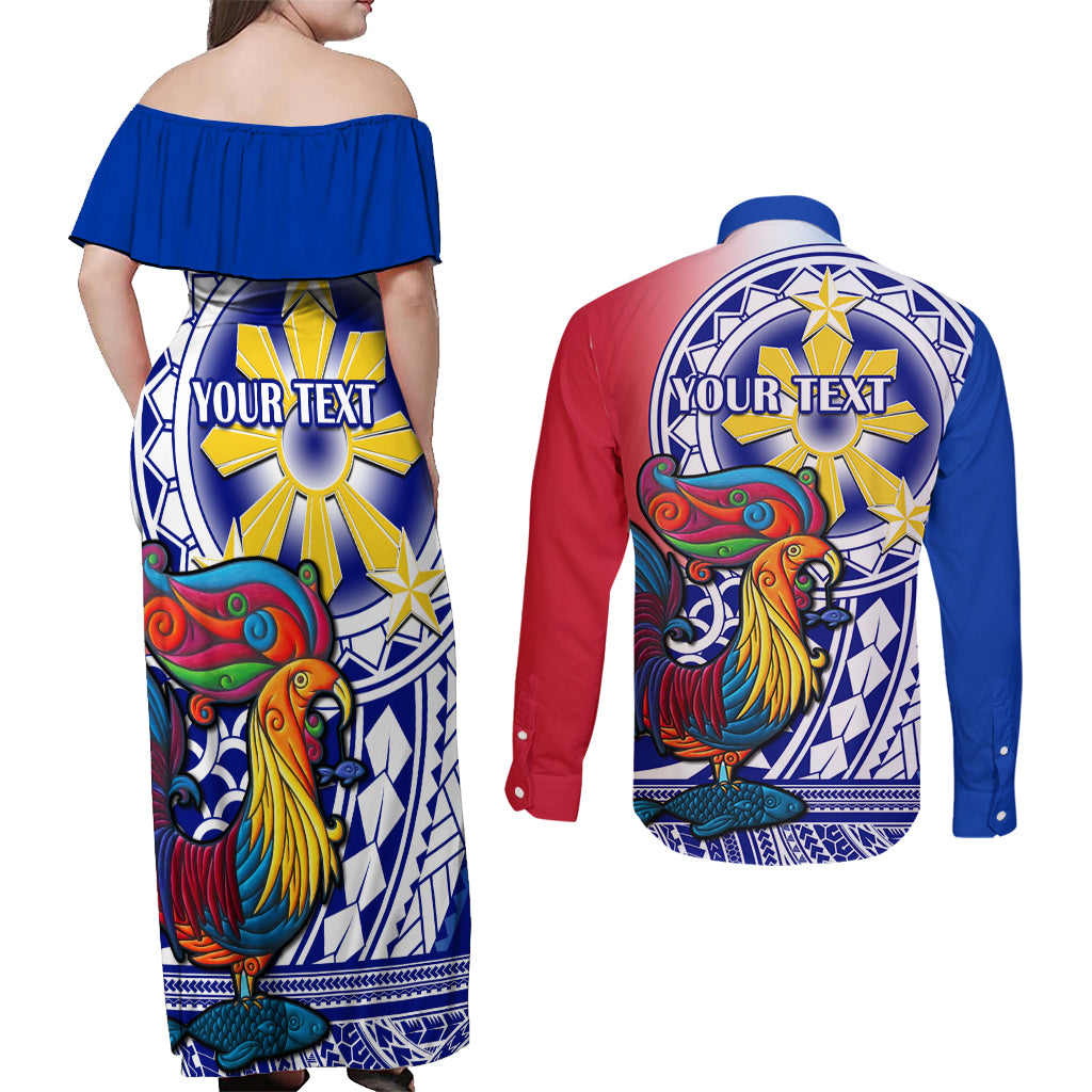 Personalised Philippines Couples Matching Off Shoulder Maxi Dress and Long Sleeve Button Shirt Filipino Sarimanok With Polynesian Tattoo - Wonder Print Shop