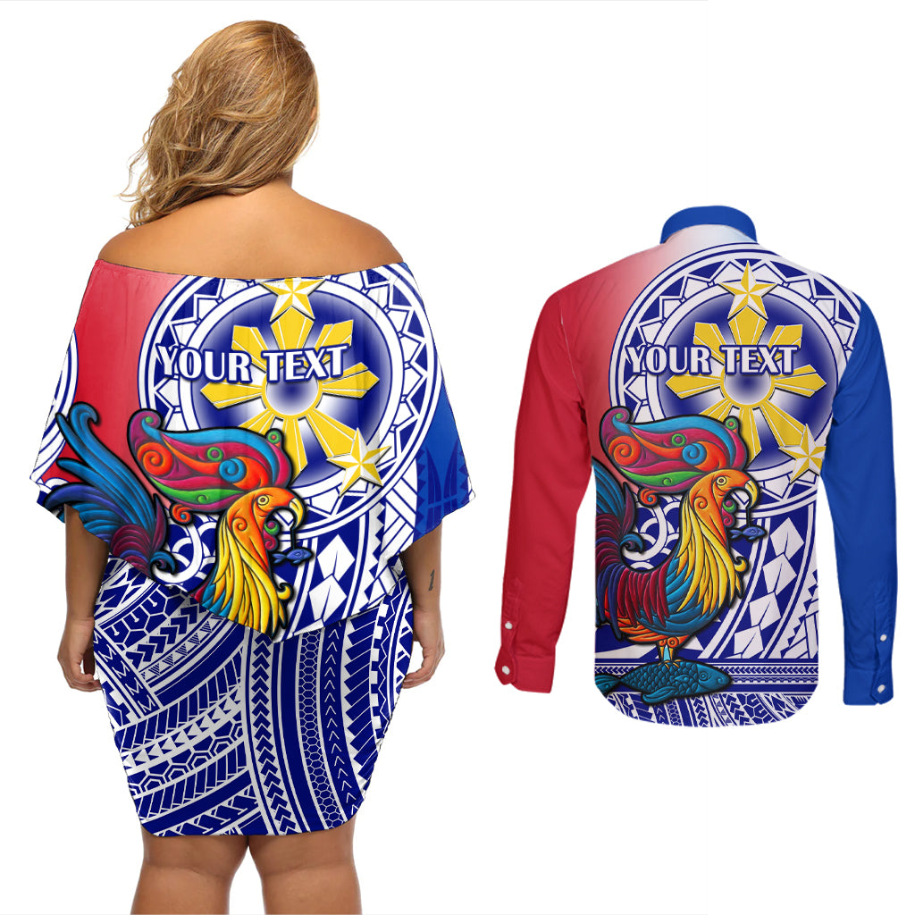 Personalised Philippines Couples Matching Off Shoulder Short Dress and Long Sleeve Button Shirt Filipino Sarimanok With Polynesian Tattoo - Wonder Print Shop