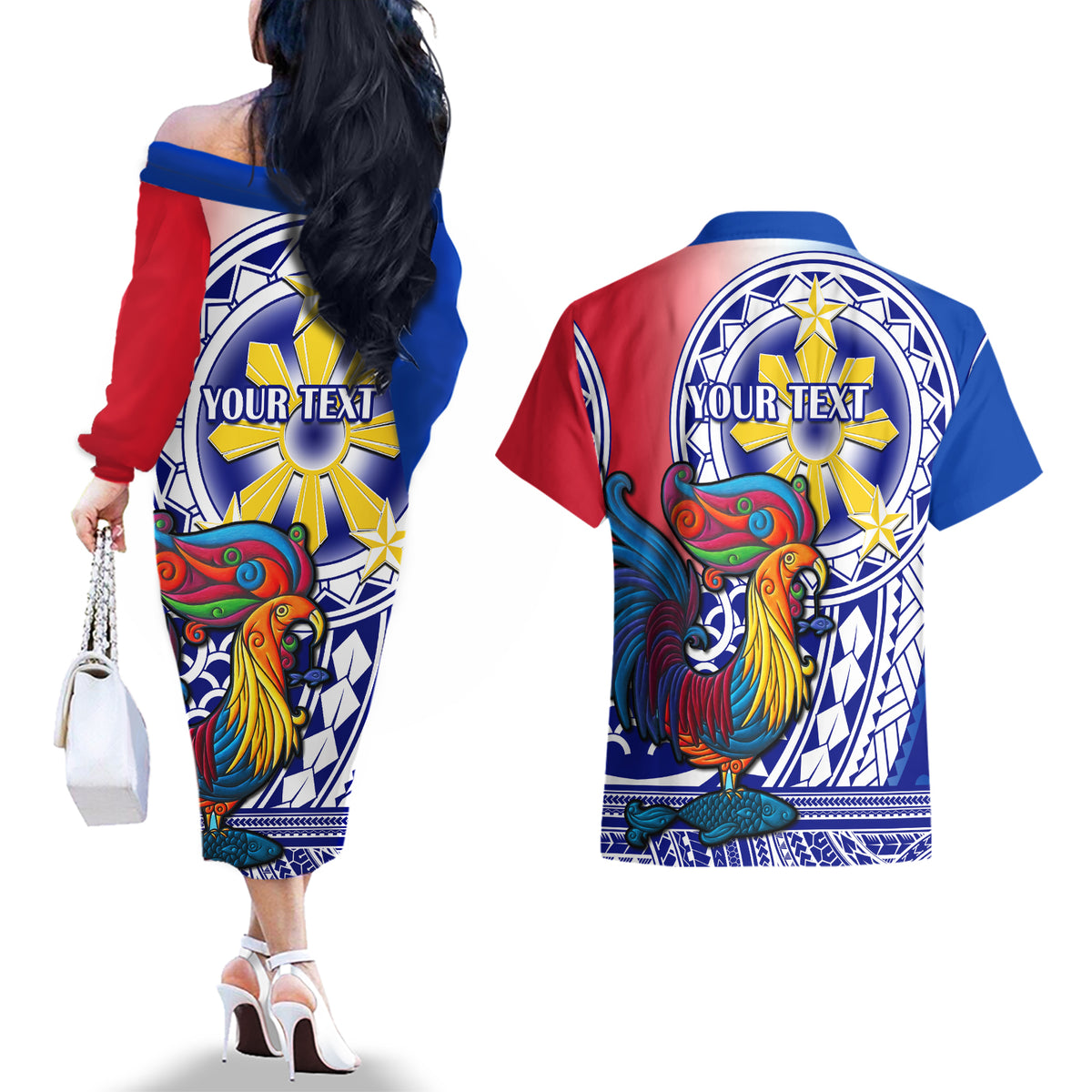 Personalised Philippines Couples Matching Off The Shoulder Long Sleeve Dress and Hawaiian Shirt Filipino Sarimanok With Polynesian Tattoo - Wonder Print Shop