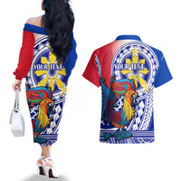 Personalised Philippines Couples Matching Off The Shoulder Long Sleeve Dress and Hawaiian Shirt Filipino Sarimanok With Polynesian Tattoo - Wonder Print Shop