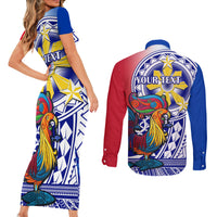 Personalised Philippines Couples Matching Short Sleeve Bodycon Dress and Long Sleeve Button Shirt Filipino Sarimanok With Polynesian Tattoo - Wonder Print Shop