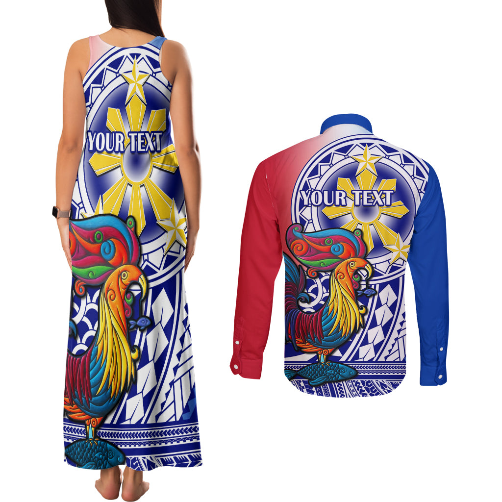 Personalised Philippines Couples Matching Tank Maxi Dress and Long Sleeve Button Shirt Filipino Sarimanok With Polynesian Tattoo - Wonder Print Shop