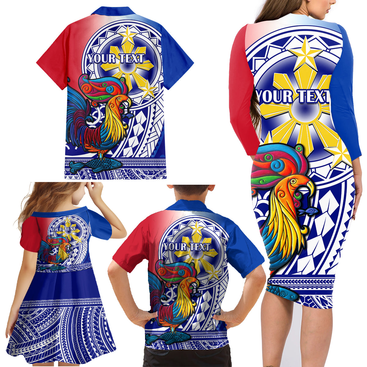 Personalised Philippines Family Matching Long Sleeve Bodycon Dress and Hawaiian Shirt Filipino Sarimanok With Polynesian Tattoo - Wonder Print Shop