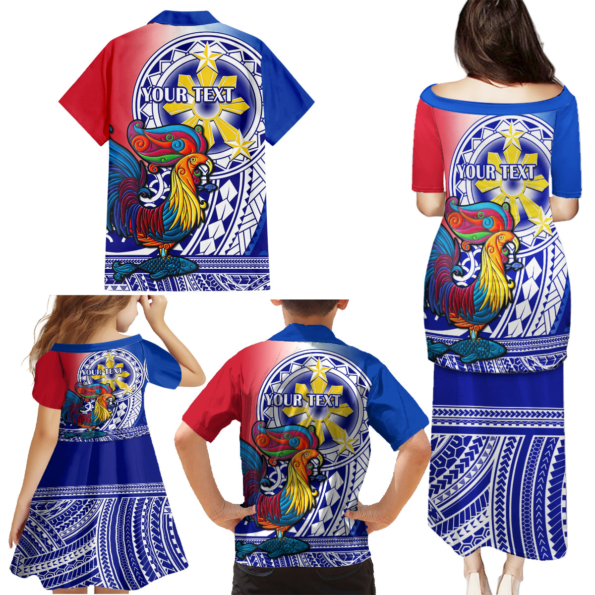 Personalised Philippines Family Matching Puletasi Dress and Hawaiian Shirt Filipino Sarimanok With Polynesian Tattoo - Wonder Print Shop