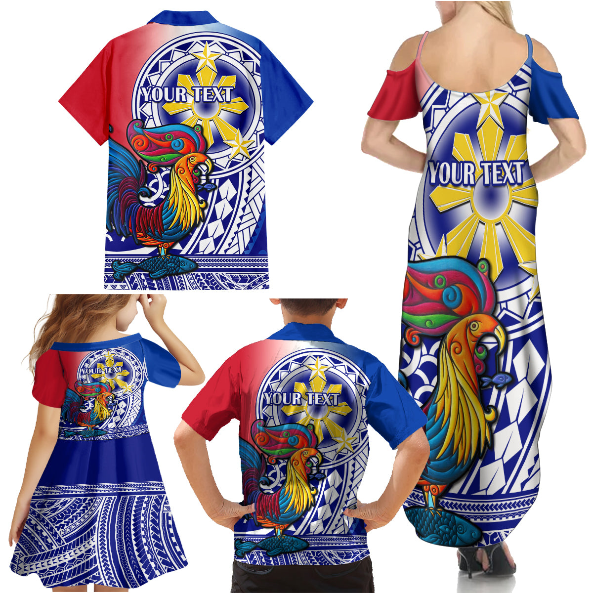 Personalised Philippines Family Matching Summer Maxi Dress and Hawaiian Shirt Filipino Sarimanok With Polynesian Tattoo - Wonder Print Shop