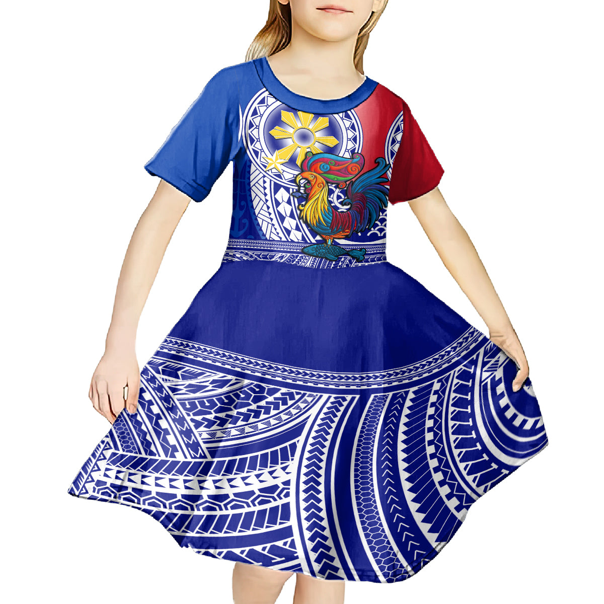 Personalised Philippines Kid Short Sleeve Dress Filipino Sarimanok With Polynesian Tattoo - Wonder Print Shop