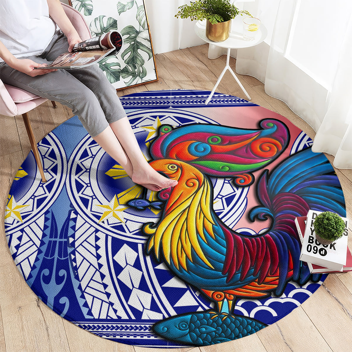 personalised-philippines-round-carpet-filipino-sarimanok-with-polynesian-tattoo