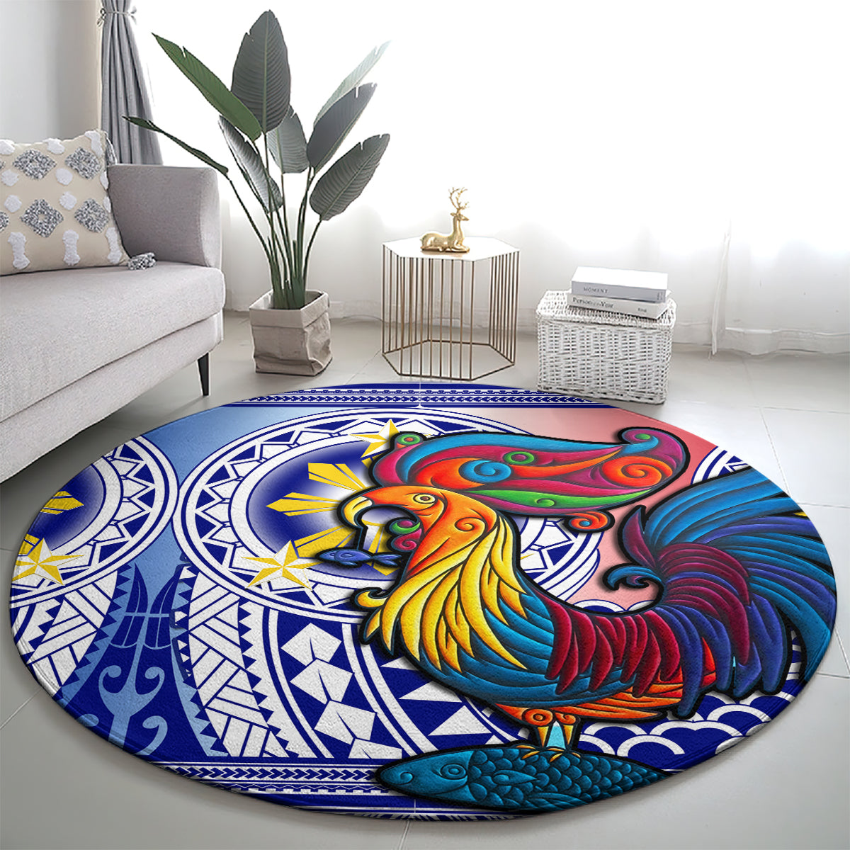 personalised-philippines-round-carpet-filipino-sarimanok-with-polynesian-tattoo