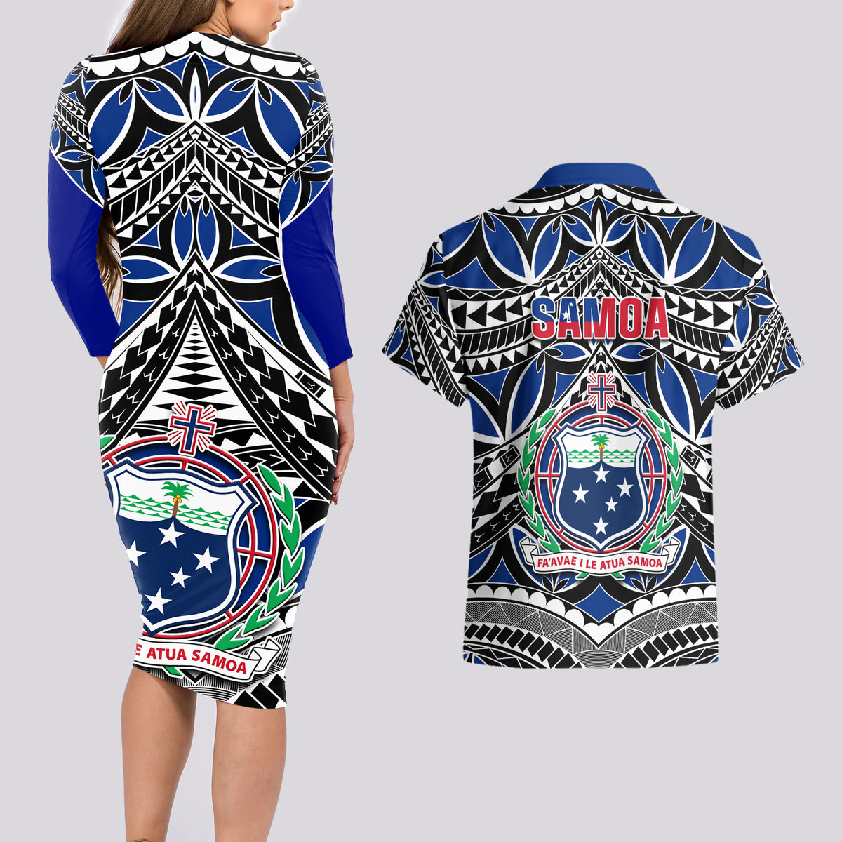 Samoa 685 Couples Matching Long Sleeve Bodycon Dress and Hawaiian Shirt Samoan Coat Of Arms Simple Style - Wonder Print Shop