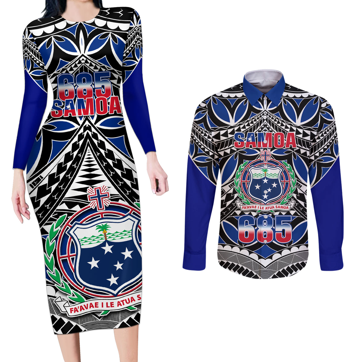 Samoa 685 Couples Matching Long Sleeve Bodycon Dress and Long Sleeve Button Shirt Samoan Coat Of Arms Simple Style - Wonder Print Shop